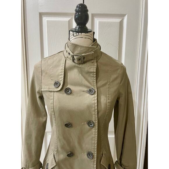 Y2K OAKLEY TRENCH COAT KHAKI SZ XS PEA COAT MILITARY STYLE VERSATILE AESTHETIC - Picture 14 of 16